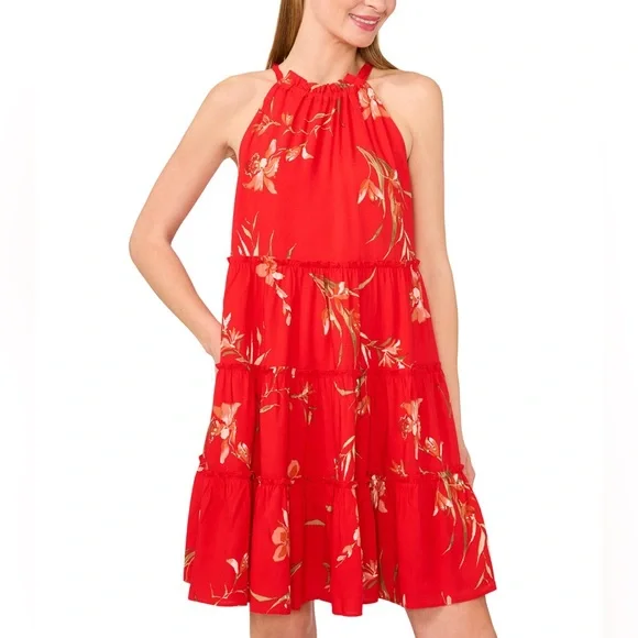 Cece Floral Print Tiered Halter Dress in Fiery Red. NWT. - Picture 2 of 5